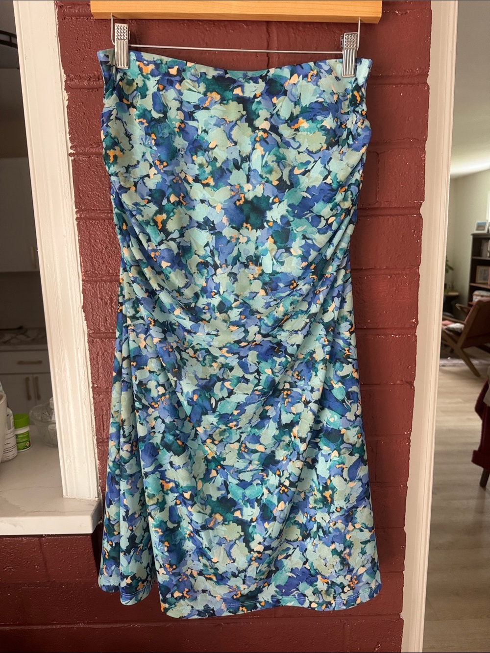Banana Republic Teal & Blue Floral Strapless Ruched Side Mini Dress Small